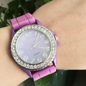 Geneva Silicone Band with Rhinestone Face Watch Stainless Steel Purple